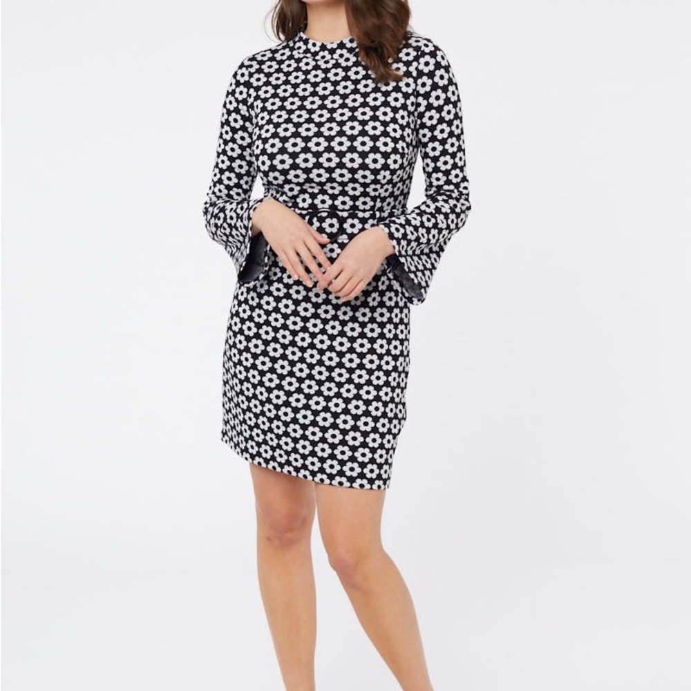 Black and White Mod Floral Bell Sleeve Dress